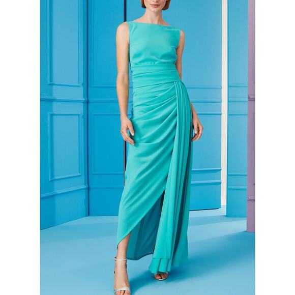 Talbot Runhof NWT Turquoise Gobhan Draped Sleeveless Formal Gown Dress Size 4 - Picture 1 of 10